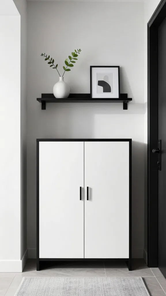 A high-quality, realistic photograph of a sophisticated and dynamic modern entryway. The central feature is an Ikea BESTÅ storage combination with a sleek black frame and crisp white doors, creating a striking two-tone contrast. Mounted directly above it is a slim black Ikea LACK wall shelf, enhancing the geometric appeal and reinforcing the contrasting color play. The entryway is bathed in bright, natural light, highlighting the clean lines and contemporary aesthetic. On the LACK shelf, a minimalist white ceramic vase holds a single green botanical sprig, alongside a small, modern framed abstract art piece. A subtle, light grey textured rug rests on the floor in front of the storage unit. The overall scene exudes modern elegance and efficient storage in a small space.