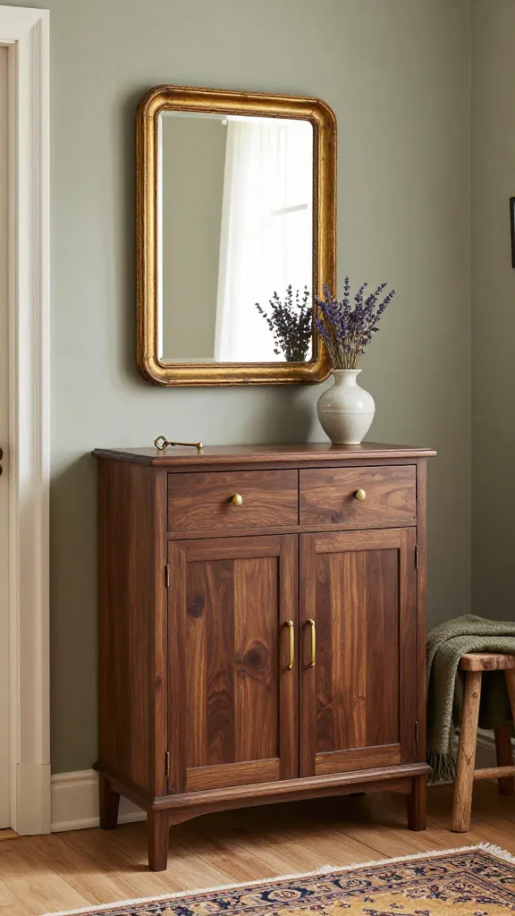 A high-quality, realistic photograph of a cozy vintage-inspired entryway. The focal point is an IKEA IVAR cabinet, meticulously stained a rich, dark walnut wood color, adorned with elegant vintage-style brass pull handles, giving it an instant heirloom feel. Above the cabinet hangs a unique, ornate thrifted mirror with a slightly aged, distressed gold frame, reflecting soft, warm natural light from an unseen window. On the surface of the IVAR cabinet, a small antique brass key and a delicate ceramic vase holding a sprig of dried lavender add subtle charm. A textured, muted green throw blanket is draped artfully over a small, rustic wooden stool positioned next to the cabinet, hinting at a comfortable seating area. The wall behind is painted in a soft, muted sage green, complementing the dark wood and brass accents. A small, vintage Persian-style runner rug in warm earthy tones lies on a light wooden floor, completing the inviting, timeless aesthetic. The overall atmosphere is warm, nostalgic, and incredibly welcoming. No text.