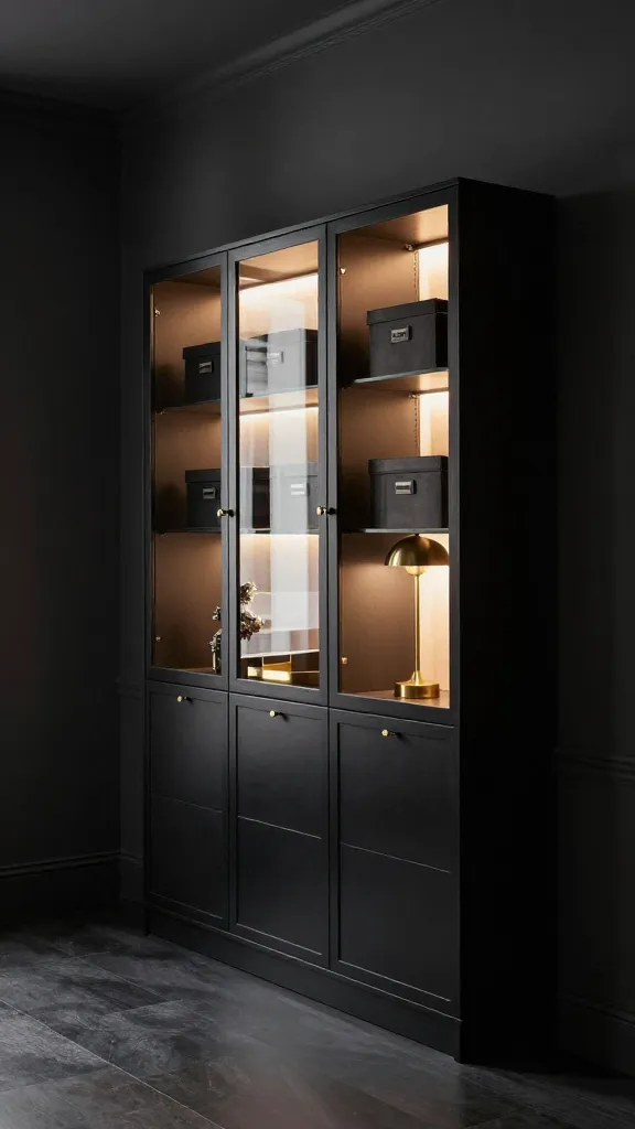 A high-quality, realistic photograph of a luxurious and dramatic entryway designed for a small space, creating an expansive feel. The walls are painted a deep, rich charcoal gray, almost black, providing a sophisticated backdrop. Dominating one wall is a sleek IKEA BESTÅ storage combination in a black-brown finish, featuring multiple glass doors. The interior of the BESTÅ units is softly illuminated by warm internal lighting, highlighting a curated display of elegant objects and a few neatly organized black IKEA FJÄLLA storage boxes. Subtle gold and brass accents are strategically placed, including minimalist brass handles on the BESTÅ doors, a small, polished brass catch-all tray on top, and a modern table lamp with a slender brass base casting a soft glow. The overall lighting is dim and atmospheric, emphasizing the textures and metallic gleam, creating an intimate yet grand welcome. No text.