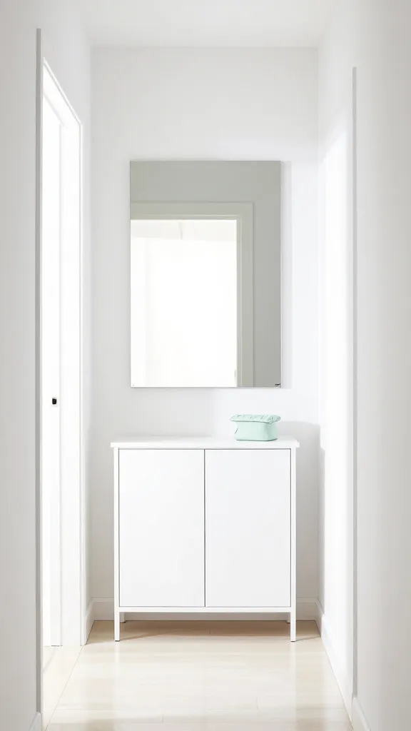 A high-quality, realistic photo of a bright and airy entryway in a small home, designed as an expansive oasis. The focal point is a pristine white IKEA HEMNES shoe cabinet, positioned against a crisp white wall. Above the cabinet, a large, rectangular IKEA NISSEDAL mirror reflects abundant natural light streaming in from an unseen window, creating a profound sense of depth and spaciousness. The dominant color palette consists of crisp whites on walls and furniture, complemented by subtle accents of soft mint green in a small decorative item or a light textile. The floor is a light-colored wood or pale, reflective tile. The overall atmosphere is refreshing, minimalist, and designed to make the small space feel significantly larger. No text on image.