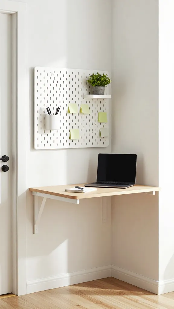 A high-quality, realistic photo of a cleverly designed work-from-home nook in a bright, modern entryway. A wall-mounted IKEA BJURSTA drop-leaf table is extended, serving as a compact desk, with a slim laptop and a notebook resting on its light wood surface. Above the desk, a white IKEA SKÅDIS pegboard is neatly organized with various office supplies, including a small pen holder, a few sticky notes, and a small, vibrant green potted plant. The overall aesthetic is clean, functional, and space-saving, showcasing smart entryway storage. Natural light streams in, highlighting the textures and details. No text on image.