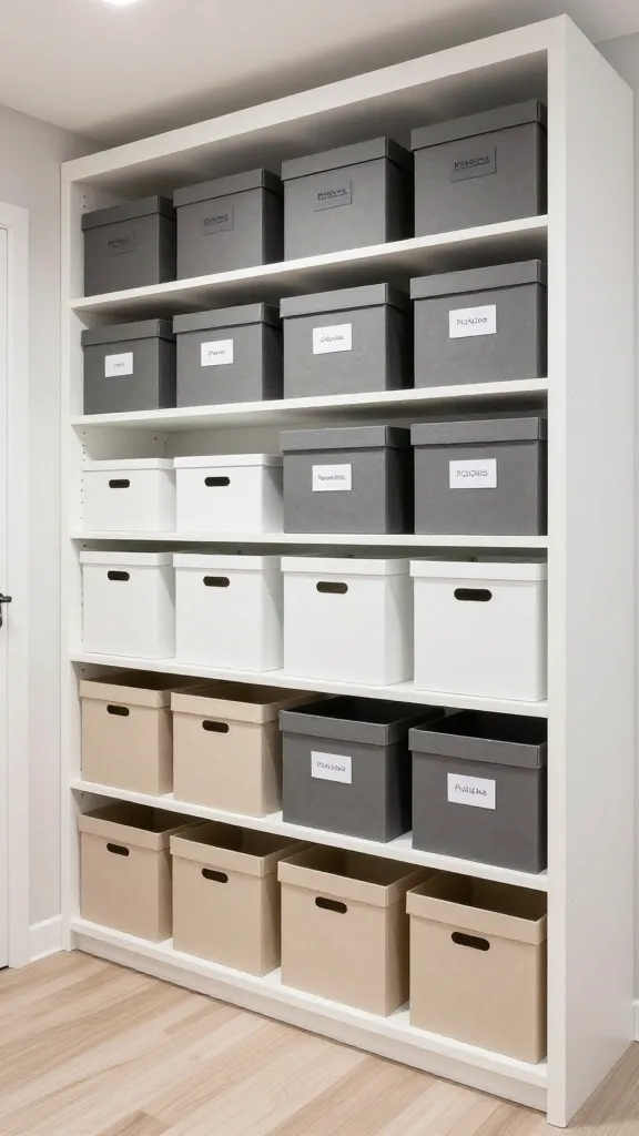 A realistic, high-quality interior photograph of an exceptionally organized Ikea entryway. A clean white KALLAX shelf unit serves as the backbone, meticulously filled with a precise arrangement of charcoal grey DRÖNA boxes, crisp white KUGGIS containers, and natural beige FJÄLLA storage boxes. Prominently displayed on several boxes are minimalist, clearly legible labels such as "Hats," "Gloves," "Dog Leashes," and "Reusable Bags." The space exudes an aura of perpetual tidiness and efficiency, demonstrating how meticulous organization makes a small entryway feel expansive and highly functional. Bright, inviting natural light illuminates the scene, highlighting the clean lines and detailed storage solutions. No text on image.