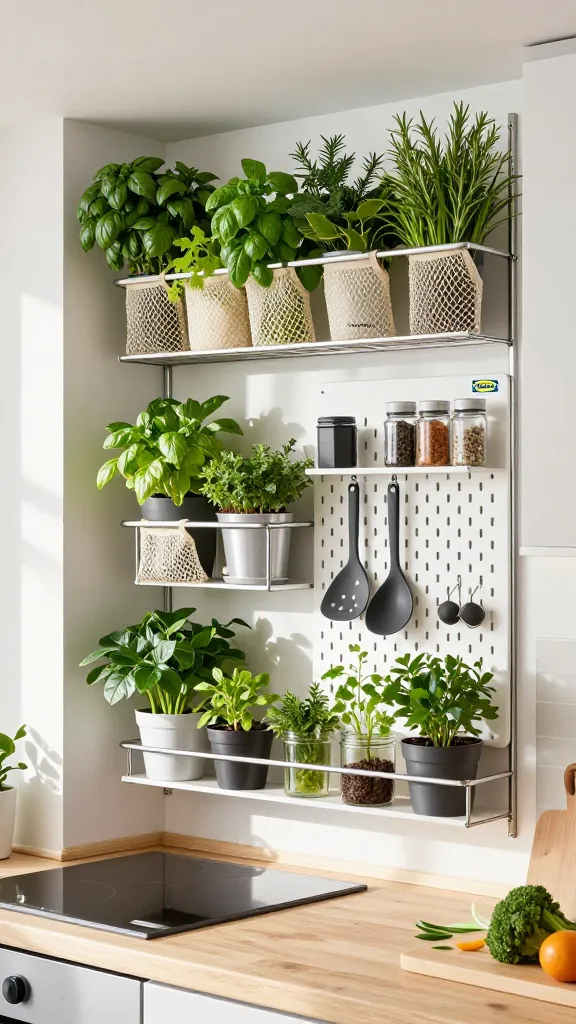 A high-quality, realistic photograph capturing a brilliant IKEA small kitchen hack in a compact, modern galley kitchen. The focal point is a narrow wall transformed into a vibrant, multi-functional vertical garden and storage system. IKEA KUNGSFORS stainless steel rails are mounted horizontally, holding various KUNGSFORS mesh bags overflowing with lush, fresh herbs like basil, mint, and rosemary, alongside KUNGSFORS containers neatly storing frequently used cooking utensils. Seamlessly integrated into this arrangement is a white IKEA SKÅDIS pegboard, meticulously organized with small hanging kitchen tools and clear spice jars. Below, slim IKEA MOSSLANDA picture ledges display small potted herbs and clear glass jars with propagating cuttings, adding to the verdant display. The counter space directly beneath this vertical system is intentionally minimalist and uncluttered, perhaps featuring a sleek induction cooktop or a simple wooden cutting board with a few fresh ingredients, emphasizing the added storage without sacrificing precious workspace. Bright, natural light streams in, highlighting the textures of the plants and the clean, functional design, showcasing an innovative, space-doubling solution from an eye-level, slightly wide-angle perspective.