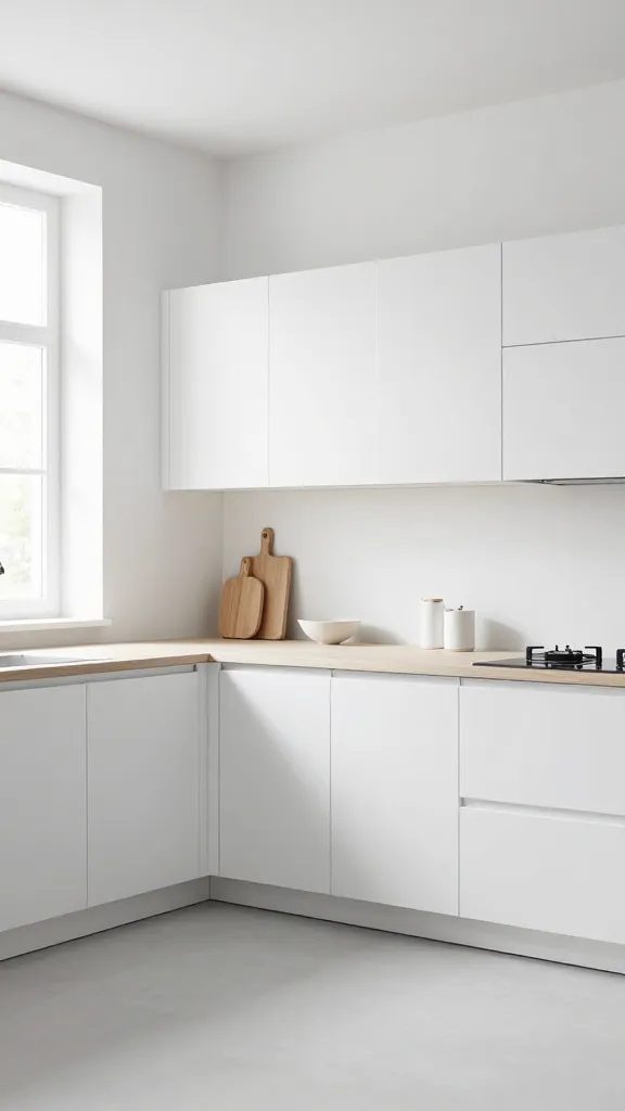 A high-quality, realistic, slightly wide-angle photograph of a small, impeccably organized Scandinavian minimalist kitchen. The space is defined by bright white walls and sleek, handleless METOD base cabinets with VEDDINGE white fronts, creating a seamless and uncluttered aesthetic. A light, pristine countertop extends across the wall, above which discrete white wall-mounted EKET cabinets are perfectly integrated, providing hidden storage without visual bulk. Natural light pours in from a large window, illuminating the light wood accents such as a simple cutting board and a small decorative bowl. The kitchen maintains an airy, open feel despite its compact size, with only a few carefully chosen, minimalist culinary tools artfully arranged, evoking a serene, functional art gallery for cooking. The overall impression is one of expansive tidiness and clean lines, showcasing clever space utilization.