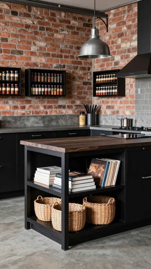 A high-quality, realistic photo of a small, industrial chic loft kitchen. The focal point is a dark-stained KALLAX shelving unit cleverly repurposed as a compact kitchen island, featuring open storage filled with neatly stacked cookbooks and stylish woven baskets. Surrounding it are sleek base cabinets with LERHYTTAN black stained fronts, complemented by a raw concrete or dark wood countertop. An exposed brick wall serves as a backdrop, where several BEKVÄM spice racks, painted black, are mounted, displaying an organized collection of spices. Industrial pendant lights hang above the island, and subtle metal accents are visible throughout. The space feels edgy, highly practical, and efficiently designed, showcasing smart Ikea storage hacks. Natural light streams in, highlighting the rich textures of metal, wood, and concrete. No text.