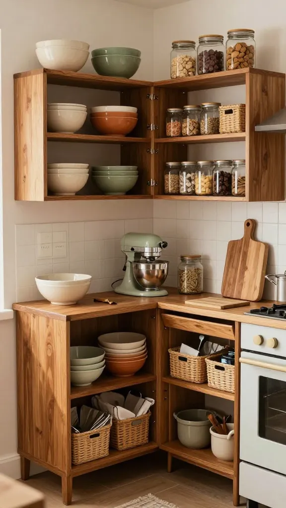 A high-quality, realistic photo of a beautifully organized, cozy boho baker's nook in a small kitchen. The central feature is a set of warm, medium-stained IKEA IVAR shelving units, creatively utilized as open pantry storage. The shelves are meticulously styled with an array of handcrafted ceramic mixing bowls in earthy tones like cream, terracotta, and muted green, alongside clear glass jars showcasing various artisanal baking ingredients. Several woven IKEA BRANÄS-style baskets are integrated onto the shelves, neatly containing linens and bulk dry goods. Adjacent to the IVAR units, a compact IKEA STENSTORP kitchen trolley serves as an additional prep station, topped with a wooden cutting board, a vintage stand mixer, and baking tools stored on its lower tier. The nook exudes a warm, free-spirited vibe with natural textures, soft, filtered light, and thoughtful arrangement, demonstrating clever small kitchen storage and display. No text.