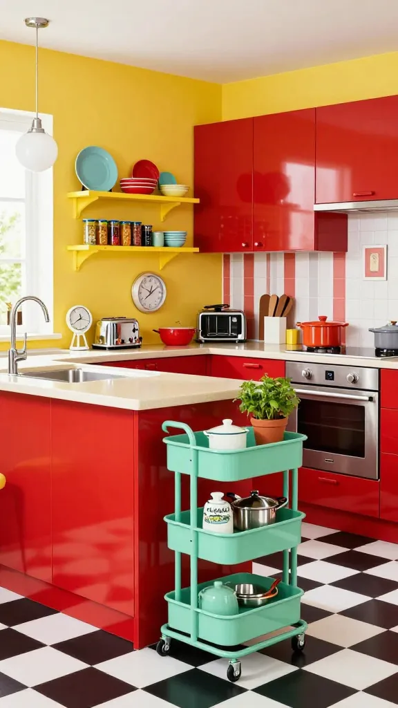 A vibrant, high-quality photograph of a small kitchen designed with clever Ikea hacks, embodying a colorful retro diner aesthetic. The kitchen features bold, glossy cherry red KUNGSBACKA cabinet fronts for the base and some wall units. A contrasting, glossy mint green RÅSKOG utility cart serves as a mobile island, holding vintage-style cooking utensils and a small potted herb. Sunny yellow wall-mounted LACK shelves display colorful retro ceramic dishes and neatly organized spice jars above a clean, light-colored countertop. The floor boasts a classic black and white checkerboard pattern, with a subtle red and white striped backsplash. Integrated smart storage solutions are visible throughout, maximizing space. Modern, compact stainless steel appliances are seamlessly integrated. Retro decor touches include a vintage-style chrome toaster, a diner-style clock, and a framed retro art print. Bright natural light floods the space from a window, complemented by a chrome retro pendant light. The overall atmosphere is playful, happy, and highly organized, showcasing modern functionality within a nostalgic design. No text.