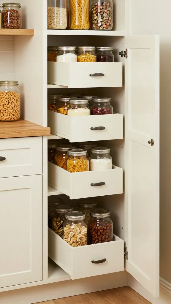 A realistic, high-quality photograph capturing a perfectly organized farmhouse pantry section within a small kitchen. The central focus is an open BODBYN off-white Shaker-style cabinet, revealing a highly efficient interior with UTRUSTA-style pull-out pantry shelves and drawers. These shelves are meticulously stocked with a variety of KORKEN-style glass jars, clearly displaying dry goods such as pasta, flour, and spices. Adjacent to the open cabinet, a natural wood countertop or a small segment of open shelving features additional neatly arranged glass jars. The scene embodies rustic charm with classic white cabinetry, warm natural wood accents, and bright, inviting lighting, emphasizing traditional aesthetics combined with incredible storage efficiency. No text.