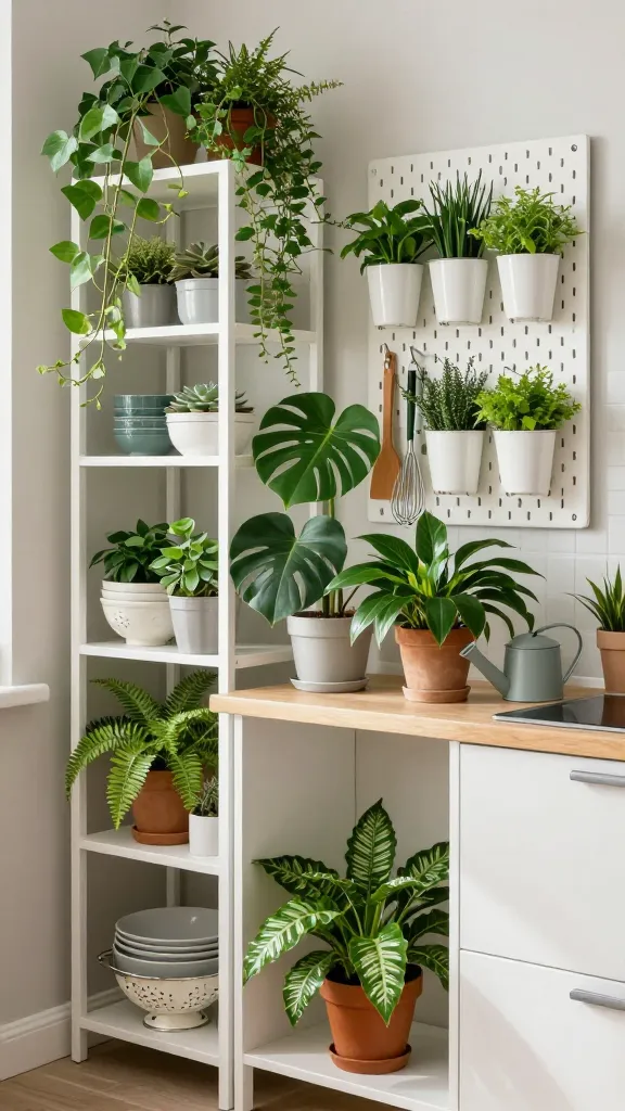 A high-quality, realistic photo of a vibrant urban jungle kitchenette. The small kitchen space is brimming with lush greenery and natural elements, showcasing clever storage solutions. An IKEA HYLLIS shelving unit stands against a light-colored wall, densely packed with various potted plants (trailing ivy, ferns, succulents) alongside neatly stacked ceramic bowls and a small colander. Adjacent, an IKEA SKÅDIS pegboard in white is mounted, featuring small plant pots holding fresh herbs, interspersed with hooks displaying essential kitchen tools like a wooden spatula and whisk, all nestled amidst abundant foliage. In the center, a small IKEA STENSTORP kitchen island serves as a prominent plant display stand, showcasing larger potted plants like a Monstera and a peace lily, with a small watering can nearby. Natural light streams in, illuminating the oxygen-rich sanctuary. The overall scene is clean, organized, and inviting, emphasizing the integration of storage and nature in a compact footprint. Realistic photography, natural colors, sharp focus. No text.
