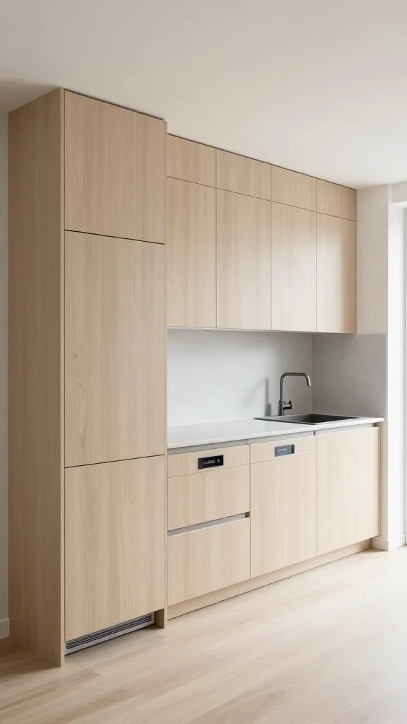 A realistic, high-angle photograph of a small, minimalist IKEA kitchen, brilliantly designed to appear spacious and uncluttered. The primary feature is a wall of seamless ASKERSUND light ash effect cabinet fronts, creating a uniform, clean aesthetic across the entire kitchen. Integrated appliances, including a refrigerator and dishwasher, are completely hidden behind these flush cabinet doors, with no visible handles or seams breaking the smooth surface. A barely perceptible seam indicates a hidden UTRUSTA pull-out pantry unit, blending perfectly with the surrounding cabinetry. The countertop is a sleek, light grey quartz, free of any clutter, with an integrated sink. Natural light floods the space from an unseen window, enhancing the bright, airy, and sophisticated atmosphere. The floor is a light, natural wood, complementing the minimalist design. The overall impression is one of ingenious space-saving and sophisticated simplicity, making the small kitchen feel significantly larger and highly organized. High resolution, professional photography style. No text on image.