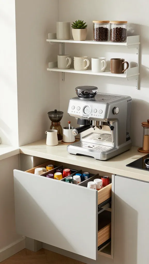 A realistic, high-quality, eye-level photograph capturing a meticulously organized and stylish coffee lover's corner in a bright, modern small kitchen. A sleek, silver espresso machine sits on a compact, light-colored countertop. Above it, two clean white IKEA LACK wall shelves are neatly arranged, displaying an assortment of ceramic mugs in various sizes, a small potted succulent, and decorative airtight containers filled with coffee beans. To the left, a light grey IKEA LENNART drawer unit on wheels is discreetly tucked under the counter, its top drawer slightly ajar to reveal perfectly organized coffee pods and filters within internal IKEA VARIERA box inserts. Various coffee accessories like a small burr grinder, a minimalist sugar dispenser, and a milk frothing pitcher are tastefully displayed around the coffee machine, emphasizing functionality and space-saving design. Soft, natural morning light streams in, creating an inviting and fresh ambiance. No text on image.