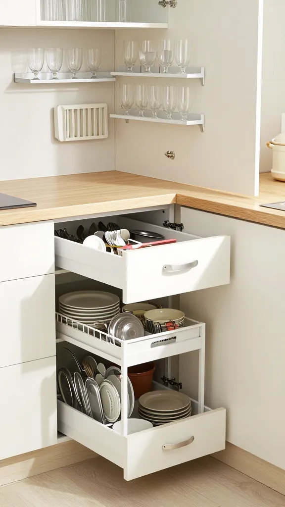 A realistic, high-quality photograph of a brilliantly organized, modern small kitchen corner, showcasing multiple Ikea storage hacks. The kitchen features sleek, light-toned cabinetry with integrated handles, bathed in bright, natural light. The main focus is on a corner base cabinet with its door partially ajar, revealing an UTRUSTA pull-out carousel system neatly holding various kitchen essentials. Adjacent to it, a MAXIMERA full-extension drawer is open, meticulously organized with VARIERA internal dividers, neatly arranging cutlery, stacked plates, and vertically stored pot lids. Above, an open wall cabinet demonstrates VARIERA shelf inserts maximizing vertical space for glassware. The scene emphasizes ingenious space utilization and thoughtful organization in a small footprint, with no text.