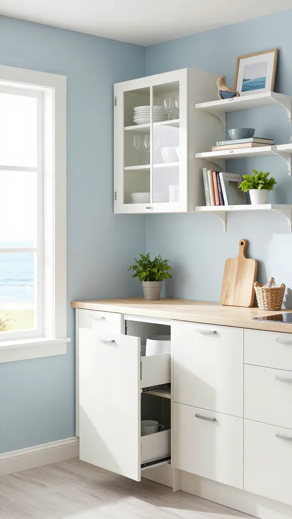 A realistic, high-quality photograph of a small, bright, and airy coastal-themed kitchen, showcasing clever Ikea storage hacks. The walls are painted a serene, pale light blue. Along one wall, BODBYN off-white base cabinets feature sleek, minimalist pulls, designed with integrated pull-out storage and smart organizational inserts to maximize capacity in the compact space. Above a light-colored, uncluttered countertop, a HAVSTA glass-door cabinet is mounted, displaying neatly organized white ceramic dishes and clear stemware, adding a sense of lightness and depth. Adjacent to the glass cabinet, several LACK wall shelves are artfully arranged with a minimalist selection of nautical decor—such as a small, polished driftwood piece and a framed coastal print—alongside a few beloved cookbooks and a small, vibrant potted herb. Natural textures are subtly woven in through a light wood cutting board, a woven basket on a shelf, and perhaps a linen tea towel. Abundant natural light streams into the space from a large window, enhancing the crisp whites, soft blues, and creating an overall tranquil, expansive, and highly functional small kitchen retreat.