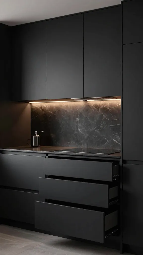 A high-quality, realistic photo of a small, dark and moody modern kitchen. The space is defined by sleek LERHYTTAN black stained cabinet fronts that create a bold, sophisticated, and luxurious atmosphere. Integrated UTRUSTA lighting strips glow warmly under the upper cabinets, subtly illuminating a dark, richly textured backsplash and a pristine, clear dark stone countertop. The design cleverly maximizes storage, with deep MAXIMERA drawers implied by the immaculate organization and lack of clutter, making the compact kitchen feel surprisingly spacious and intimate. Rich textures are subtly present throughout, enhancing the dramatic aesthetic. Professional interior photography, sharp focus, with natural yet dramatic lighting.
