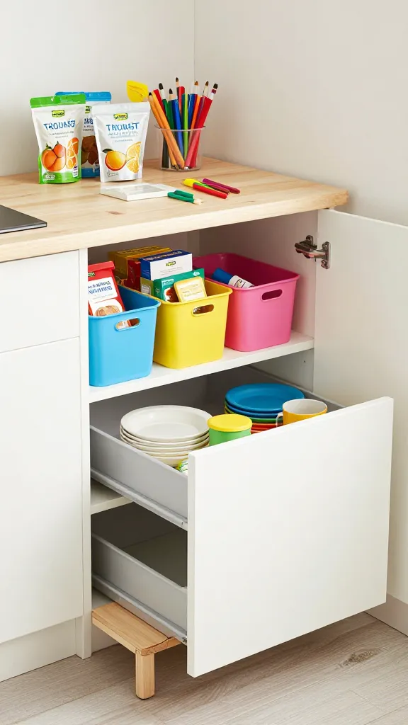 A bright, high-quality, realistic photo of a dedicated kid-friendly snack and meal prep station in a small, modern kitchen. The scene highlights clever IKEA storage hacks: at kid-height, an IKEA TROFAST storage combination with various colorful bins is neatly organized, holding a mix of healthy snacks like fruit pouches and small snack boxes, alongside a few colorful art supplies. Adjacent to this, integrated low-level IKEA METOD base cabinets feature a pull-out drawer slightly ajar, revealing neatly stacked kid-sized plates and cups. A compact wooden IKEA BEKVÄM step stool is tucked discreetly underneath the countertop or next to the TROFAST unit, ready for use. The kitchen features clean lines, light-colored countertops, and ample natural light, emphasizing an organized, accessible, and fun space that efficiently doubles storage in a compact area. No text.