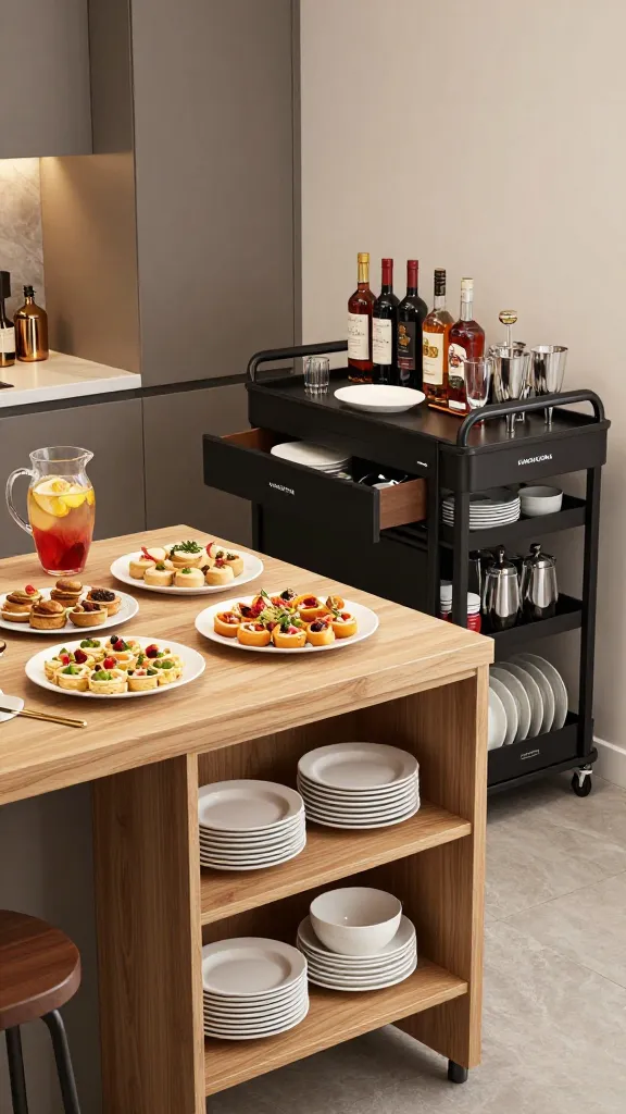 A high-quality, realistic photo of a small, modern kitchen designed as an entertainer's hub. In the foreground, a stylish VADHOLMA-style kitchen island with a light wood countertop is laden with elegant serving dishes filled with appetizers and a pitcher of drinks, ready for guests. Its open shelving underneath displays neatly stacked white serving plates and bowls. Adjacent to the island, a sleek black NISSAFORS-style utility cart functions as a mobile bar, holding an assortment of liquor bottles, mixers, and glassware. A partially open kitchen drawer near the island reveals VARIERA-style plate holders, showcasing organized servingware. The overall space is compact yet looks inviting, efficient, and perfectly set up for hosting, with warm lighting and a clean aesthetic. No text.
