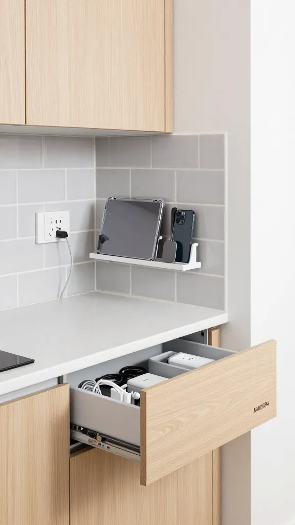 A realistic, high-quality photograph captured at eye-level, showcasing a highly functional and modern small kitchen in a compact urban apartment. The kitchen features sleek, light wood Ikea-style cabinetry, white quartz countertops, and a clean, minimalist aesthetic that maximizes space. Centered on a light grey subway tile backsplash, a KUNGSFORS magnetic knife rack holds a tablet in a clear protective case and a smartphone, both ready for use, alongside a few small, essential cooking utensils. Below and subtly integrated into the side panel of an upper cabinet, an UTRUSTA electrical outlet with visible USB charging ports has a charging cable neatly plugged into it. To the right, a compact MAXIMERA drawer is slightly ajar, revealing custom internal dividers that neatly organize a collection of charging cables, a portable power bank, and a pair of wireless earbuds. The scene is brightly lit by natural light, emphasizing the seamless coexistence of culinary activity and digital life, embodying clever storage solutions for a tech-savvy urbanite. No text.