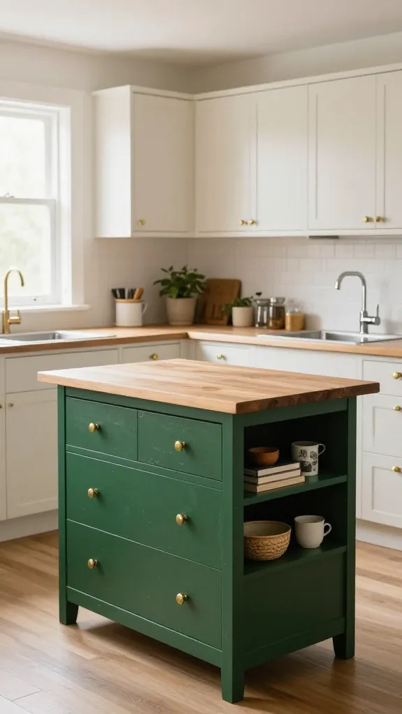 A bright, realistic, and inviting eye-level photo of a small, character-filled kitchen, embodying a 'vintage charm with a modern twist'. The centerpiece is an upcycled IKEA HEMNES dresser, painted a deep, distressed forest green, transformed into a functional kitchen island with a light wooden butcher block countertop. The island features visible open shelving on one side, neatly organized with cookbooks and small kitchen essentials. Surrounding the island are sleek kitchen cabinets fitted with BODBYN off-white fronts, each adorned with elegant, antique brass pull handles and knobs, adding a distinct vintage touch. A modern stainless steel sink and a minimalist faucet are integrated seamlessly. Natural light floods the space from a nearby window, highlighting the blend of classic textures and contemporary functionality. The overall impression is one of a uniquely curated, highly organized, and warm cooking space. No text.