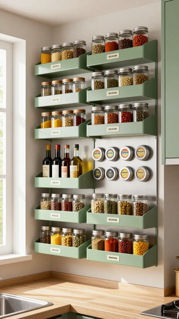 A high-quality, realistic eye-level photograph of a meticulously organized, ultimate spice rack wall in a modern, compact small kitchen. Multiple IKEA BEKVÄM spice racks, painted a subtle matte sage green to complement the kitchen's warm neutral decor, are mounted vertically, filled with an array of uniformly labeled glass spice jars. Interspersed among them are IKEA MOSSLANDA picture ledges, holding larger spice jars, small bottles of gourmet oils, and vinegars. A sleek, brushed metal sheet is seamlessly integrated into the wall design, displaying a collection of neat magnetic spice tins. The entire wall functions as both a beautiful, aromatic display and a highly efficient storage solution, bathed in soft, natural light filtering in from a nearby window, highlighting the textures and vibrant colors of the spices. The kitchen counter below is clear and uncluttered, emphasizing the space-saving genius of the design. No text on images.