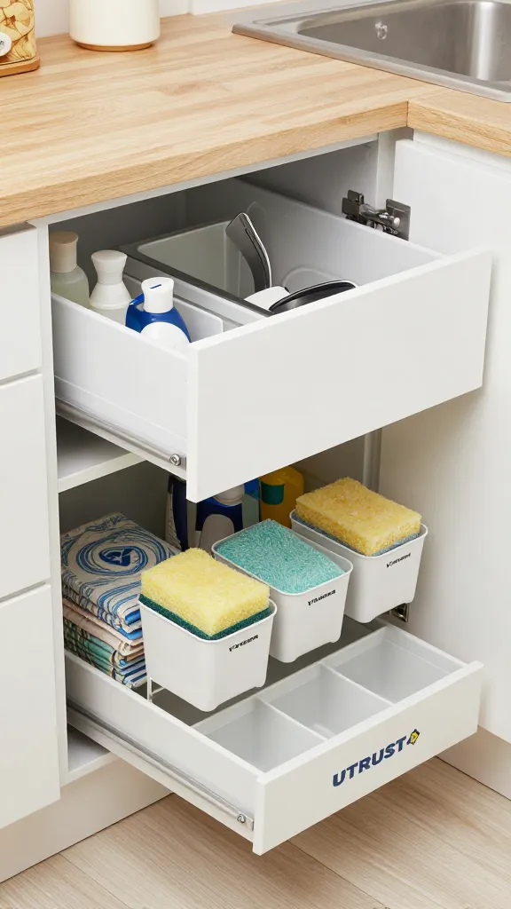 A high-quality, realistic photograph showcasing a brilliantly organized under-sink cabinet in a compact, modern Ikea kitchen. The cabinet doors are open, revealing a clever storage system. A MAXIMERA drawer is partially extended, clearly displaying a custom-cut U-shape perfectly fitted around the sink's plumbing, maximizing every inch. Inside the drawer, sleek internal dividers meticulously separate cleaning product bottles and brushes. Adjacent to this, various VARIERA bins and boxes are neatly arranged, holding sponges, dish soaps, and folded kitchen towels. Below or to the side, an UTRUSTA pull-out waste sorting solution with multiple compartments for recycling is visible. The scene is brightly lit, emphasizing the clean lines and efficient use of space, characteristic of an Ikea small kitchen hack. The surrounding kitchen elements hint at a contemporary, minimalist design with light wood or white cabinetry. Shot from a slightly elevated, eye-level perspective. No text.