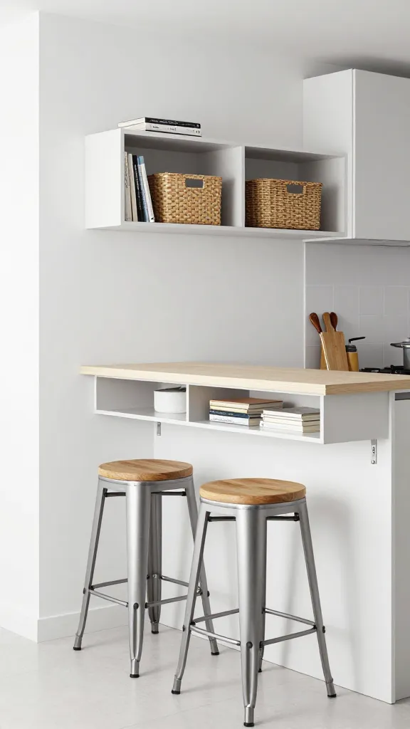A beautifully organized, compact Ikea-style small kitchen featuring a clever breakfast bar hack. A sleek, light-colored LINNMON-style tabletop is securely mounted to a clean white wall with minimalist metal brackets, forming a floating bar counter that serves as both dining and extra prep space. Beneath the bar, a horizontal KALLAX shelving unit in a matching or complementary color is perfectly integrated, showcasing neatly arranged cookbooks and two stylish woven storage baskets. Two iconic FRANKLIN bar stools, with their distinctive metal frames and wooden seats, are tucked neatly underneath, emphasizing their space-saving design. The surrounding small kitchen area is bright and minimalist, with a simple backsplash and a few carefully chosen kitchen essentials, highlighting the maximized storage and functional dining space. The overall aesthetic is modern, clean, and highly practical for a compact living space. High-resolution, realistic photo, natural lighting.