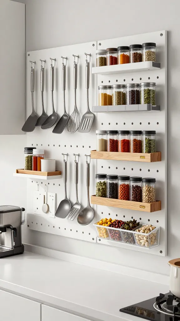 A high-angle, eye-level shot capturing a meticulously organized wall in a compact, contemporary kitchen. The entire wall is dominated by a seamless arrangement of multiple white IKEA SKÅDIS pegboards, creating a functional and visually engaging storage system. Various SKÅDIS accessories are strategically placed: polished stainless steel hooks hold a collection of essential cooking utensils (spatulas, whisks, ladles), while clear SKÅDIS containers are neatly filled with vibrant spices and dried herbs. Small, minimalist shelves display compact kitchen appliances like a sleek espresso maker and a small stack of cookbooks. Integrated into the pegboard are several natural wood IKEA BEKVÄM spice racks, adding depth and warmth, each holding an array of uniform spice jars. The kitchen counter below is clean and uncluttered, reflecting a practical small space design. Soft, diffused natural light illuminates the scene, highlighting the textures and organization. Realistic, high-quality photograph.