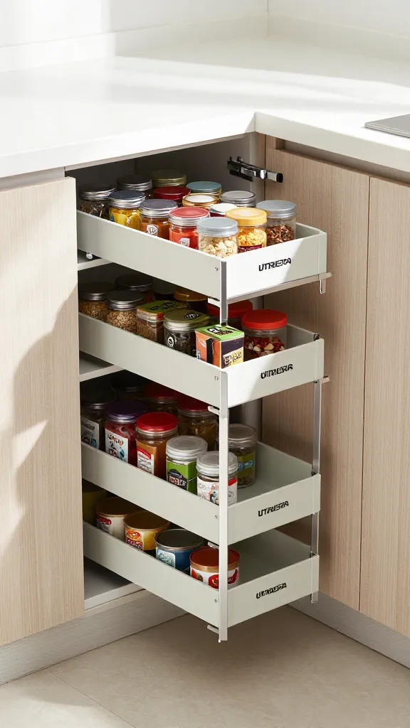 A high-quality, realistic photograph capturing an open corner base cabinet in a bright, modern small kitchen. The main focus is on an extended UTRUSTA magic corner pull-out fitting, showcasing its sleek chrome mechanism and two levels of shelves filled with neatly organized pantry items. On one of the pull-out shelves, a VARIERA lazy Susan holds an assortment of colorful spice jars, while another shelf displays small cans and dry goods. Inside the fixed part of the corner cabinet, custom-cut FYNDIG shelves are visible, also utilizing VARIERA lazy Susans with more pantry essentials, demonstrating maximum vertical space optimization. The kitchen features light-toned cabinetry, a clean white countertop, and subtle natural light streaming in, emphasizing the efficient, accessible storage solution in a compact space. The overall impression is one of ingenious organization and order. No text.