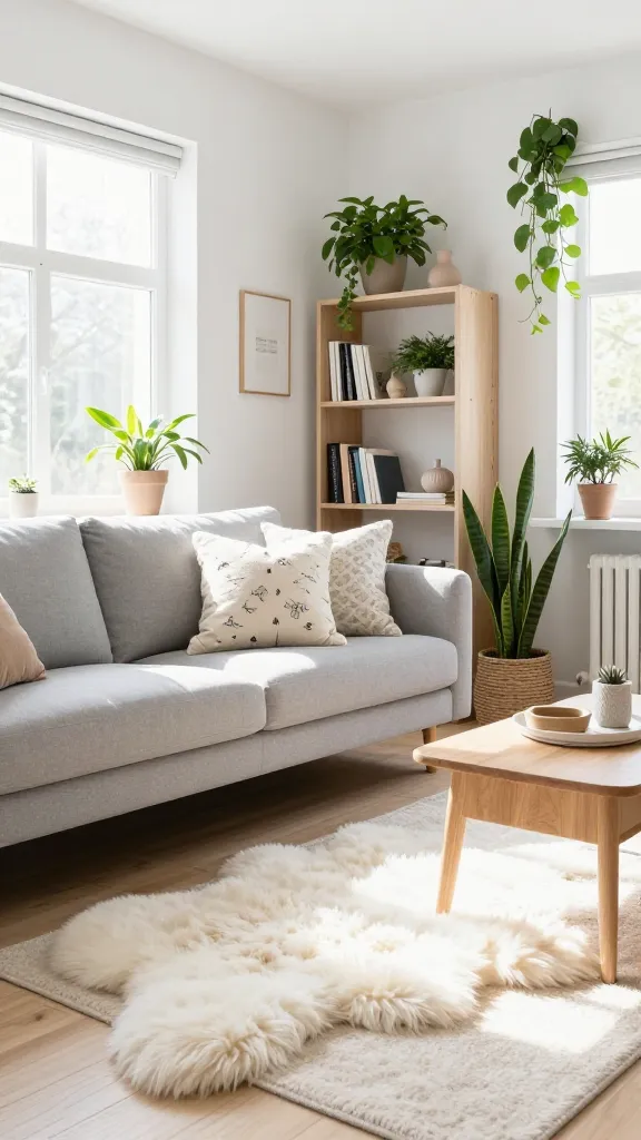 A wide, realistic, high-quality photograph of a sun-drenched Scandi-Boho living room, embodying a serene and inviting atmosphere. White walls provide a clean, minimalist backdrop for a comfortable light gray VIMLE sofa, adorned with cream and subtly patterned global-inspired throw pillows. A plush white LUDDE sheepskin rug is artfully layered on the light wood floor, adding warmth and texture. Adjacent to the sofa, a light-colored KALLAX shelving unit is styled with a curated selection of books, ceramic decor, and multiple vibrant green plants, including one in a distinctive BAMBUS plant pot. Natural light floods the space from large windows, casting a soft, warm glow and highlighting the abundance of various plants and natural materials like woven accents and a simple wooden coffee table. The overall aesthetic is effortlessly chic and tranquil, showcasing a perfectly styled Ikea living room. No text.