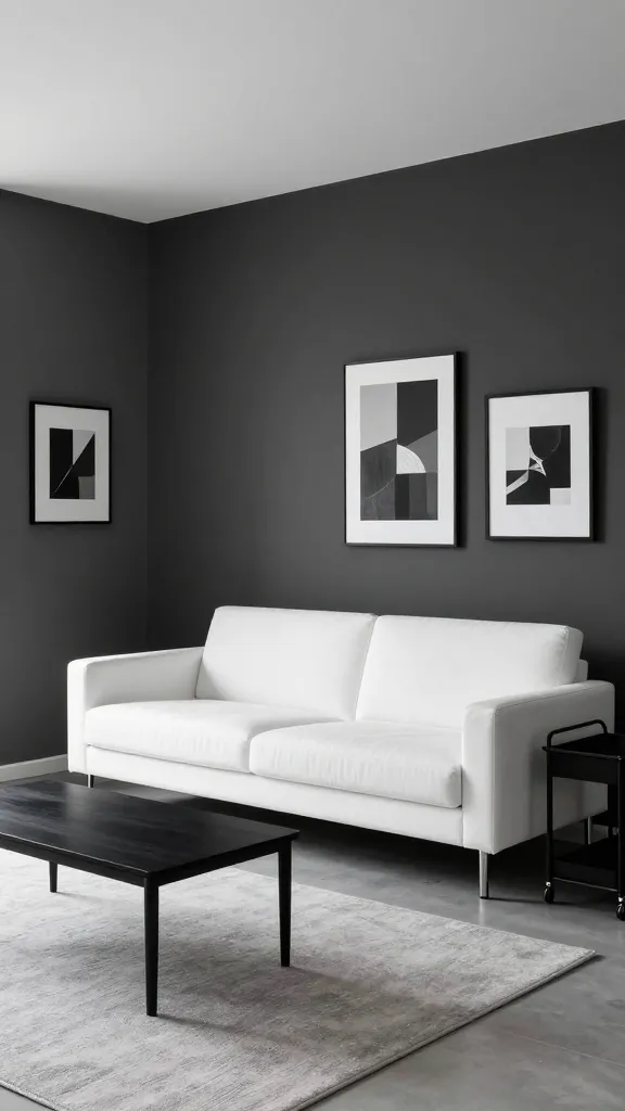 A high-quality, realistic photograph of a sophisticated minimalist living room, showcasing a sleek monochrome palette of black, white, and deep charcoal gray. A crisp white Ikea FRIHETEN sofa bed serves as the anchor, prominently positioned against a deep charcoal feature wall, creating a striking contrast. In front of the sofa, a black Ikea LACK coffee table rests on a subtle light gray area rug. A simple black Ikea RÅSKOG utility cart is discreetly placed to the side, blending seamlessly into the design. The space emphasizes clean lines, intentional negative space, and a curated selection of framed black and white graphic art prints on the walls. Natural light illuminates the room, highlighting its uncluttered elegance and modern aesthetic. No text on image.