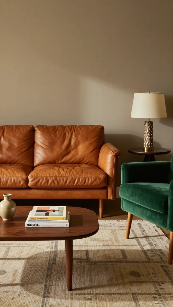 A sophisticated mid-century modern living room, bathed in warm, filtered natural light. The focal point is a low-slung, structured IKEA LANDSKRONA sofa upholstered in rich cognac leather, positioned against a muted wall. In front of it, a sleek IKEA STOCKHOLM coffee table with tapered wooden legs and a dark wood veneer top displays a stack of art books and a small ceramic vase. To one side of the sofa, an IKEA LISTERBY round side table in dark wood holds a vintage-style table lamp with a geometric patterned base. Opposite the sofa, a plush emerald green velvet armchair with slender wooden legs offers a striking contrast. The floor is adorned with a subtle geometric patterned rug in earthy tones. The overall ambiance evokes a timeless 1950s-60s aesthetic, highlighting the warm wood tones and iconic silhouettes. High-quality photo, no text.