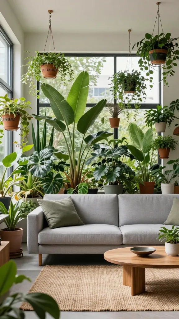 A high-quality, realistic photograph capturing a modern living room transformed into a lush urban jungle oasis. A light gray SÖDERHAMN sofa serves as the central anchor, providing a neutral base. The room is brimming with an abundance of diverse plants, creating a vibrant, refreshing, and serene sanctuary. Large floor plants, medium-sized plants displayed on FÖRÄDLA plant stands, and smaller plants in various SKURAR plant pots fill every available surface and corner. Delicate hanging planters with varying foliage types are suspended, adding vertical interest. A textured jute rug grounds the space, complemented by warm wooden accents on a minimalist coffee table and side tables. Bright, natural daylight streams through a large window, illuminating the rich greens and highlighting the natural textures. The overall aesthetic is inviting and deeply connected to nature, with no text overlays.