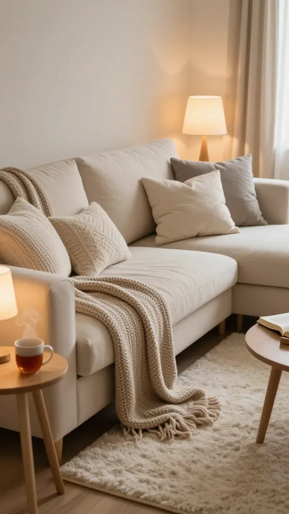 A high-quality, realistic photograph of a cozy hygge-inspired living room. A deep, plush, warm cream NORSBORG sectional sofa is the centerpiece, heavily draped with multiple chunky knit throws in oatmeal, cream, and light beige, and piled high with an abundance of soft, textured cushions in varying sizes and shades of cream, light gray, and muted beige. The sofa is positioned on a thick, high-pile ÅDUM rug in a light ivory color, inviting bare feet. Soft, warm ambient lighting emanates from several FADO table lamps strategically placed on low, minimalist wooden side tables, casting gentle glows across the textures. A steaming mug of herbal tea and an open paperback book rest on one of the side tables, suggesting recent use. The room exudes a sense of serene comfort, warmth, and contentment, with a focus on natural textures and a harmonious, muted color palette. Soft focus, natural light blending with the warm lamp glow. No text.