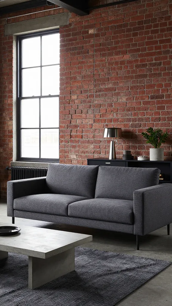 A high-quality, realistic photograph of an industrial loft chic living room. The focal point is a dark gray IKEA KLIPPAN two-seater sofa, positioned against a prominent wall featuring exposed red brick. To one side of the sofa, a black IKEA LERBERG metal shelving unit displays a few curated industrial-style decor items, such as a brushed steel desk lamp and a small potted plant in a concrete planter. In front of the sofa, a rectangular coffee table with a raw concrete-effect surface rests on a textured dark gray area rug. The room's color palette is dominated by various shades of gray, black, and metallic silver, with the warm, rich tones of the brick wall providing a striking contrast. Natural light streams in from a large, tall window, illuminating the raw textures of the brick, metal, and fabric, creating an edgy, utilitarian, and sophisticated atmosphere.