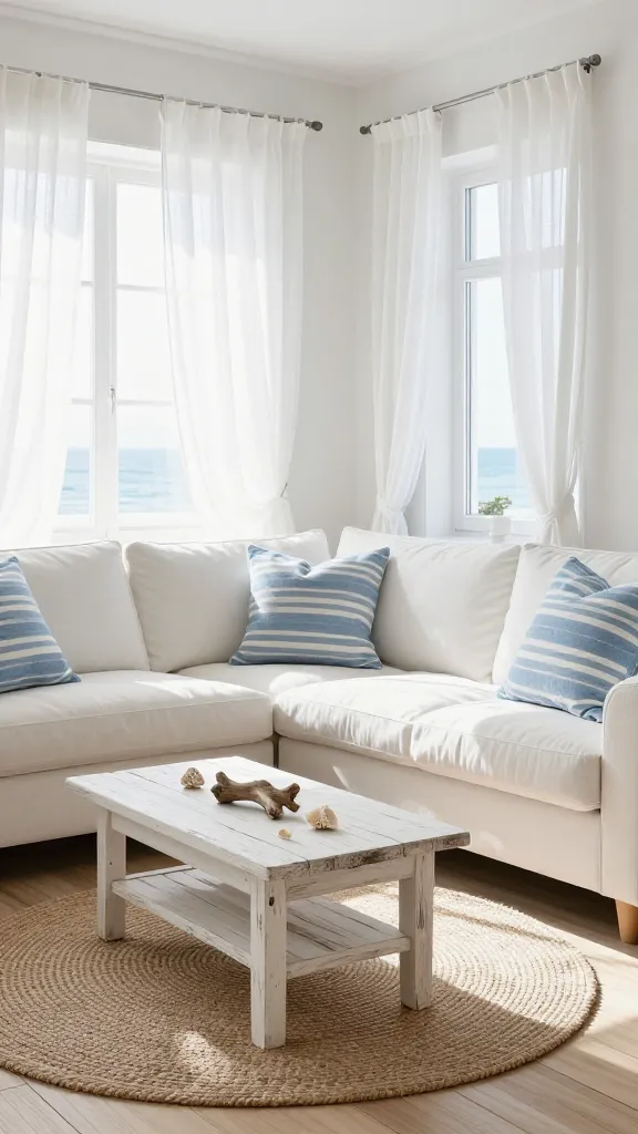 A photorealistic, high-resolution interior photograph of a serene, coastal-inspired living room filled with natural light. The centerpiece is a clean white Ikea GRÖNLID sectional sofa, adorned with soft blue and white striped throw cushions. In front of the sofa sits a distressed white wooden coffee table, subtly decorated with a few delicate seashells and a piece of bleached driftwood. A large, round woven jute rug anchors the seating area on light-colored wooden floors. Abundant natural light streams in through a wide window, softened by sheer white linen curtains gently swaying. Subtle nautical accents are tastefully incorporated, contributing to the breezy, tranquil atmosphere. The color palette is dominated by soft whites and light blues, complemented by natural textures of wood, linen, and jute. The overall impression is refreshing and inviting.
