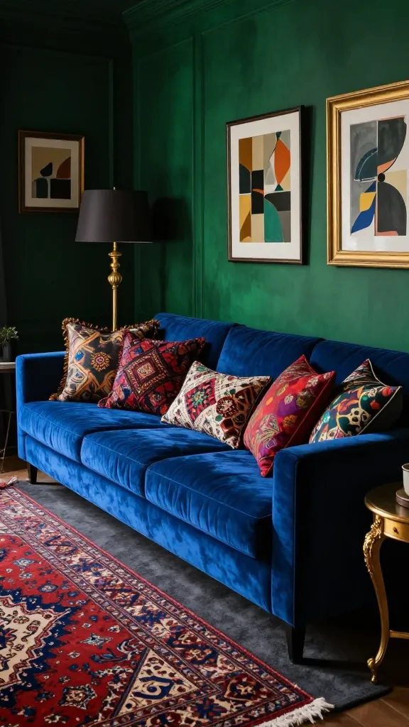 A luxurious, moody maximalist living room den. The walls are painted a deep, rich emerald green with a subtle velvety finish. Dominating the foreground is a plush, vibrant sapphire blue velvet IKEA SÖDERHAMN sofa, generously piled high with an eclectic mix of patterned cushions featuring rich brocades, intricate geometrics, and abstract florals in jewel tones like ruby red, amethyst, and gold. The floor showcases layered rugs: a large, dark charcoal grey base rug is partially covered by a richly patterned Persian-style rug in warm, intricate designs of deep reds, blues, and creams. Gold accents are prominent throughout, including a tall, elegant gold floor lamp with a dark shade, several ornate gold picture frames displaying abstract art, and a small, antique gold-leafed side table next to the sofa. Soft, ambient lighting creates dramatic shadows and highlights the luxurious textures. The scene is captured with a medium shot, emphasizing the layered textures and opulent details. Realistic, high-quality, professional interior photography, dramatic lighting, no text.