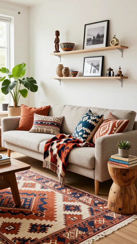A high-quality, realistic photo of a vibrant, sun-drenched living room with an eclectic global explorer theme. A generous, neutral-toned IKEA KIVIK sofa is the inviting centerpiece, layered with a richly patterned throw blanket (e.g., an Ikat or block-printed textile) and an assortment of global-inspired throw pillows in varied textures and patterns. Beneath the sofa, a plush Moroccan-inspired rug with geometric designs in warm earthy tones like terracotta, cream, and deep blue covers a significant portion of the floor. On the wall above, a series of minimalist IKEA LACK shelves are artfully arranged, displaying a curated collection of travel artifacts: a hand-carved wooden sculpture, a colorful ceramic bowl, framed black-and-white travel photographs, and a small metallic souvenir. Adjacent to the sofa, a rustic carved wooden side table holds a stack of world culture books and a potted succulent. Natural light streams in from a large window, highlighting the rich textures and diverse patterns. A large, leafy potted plant in a woven basket adds a touch of nature, contributing to the collected, adventurous, and full-of-personality ambiance.