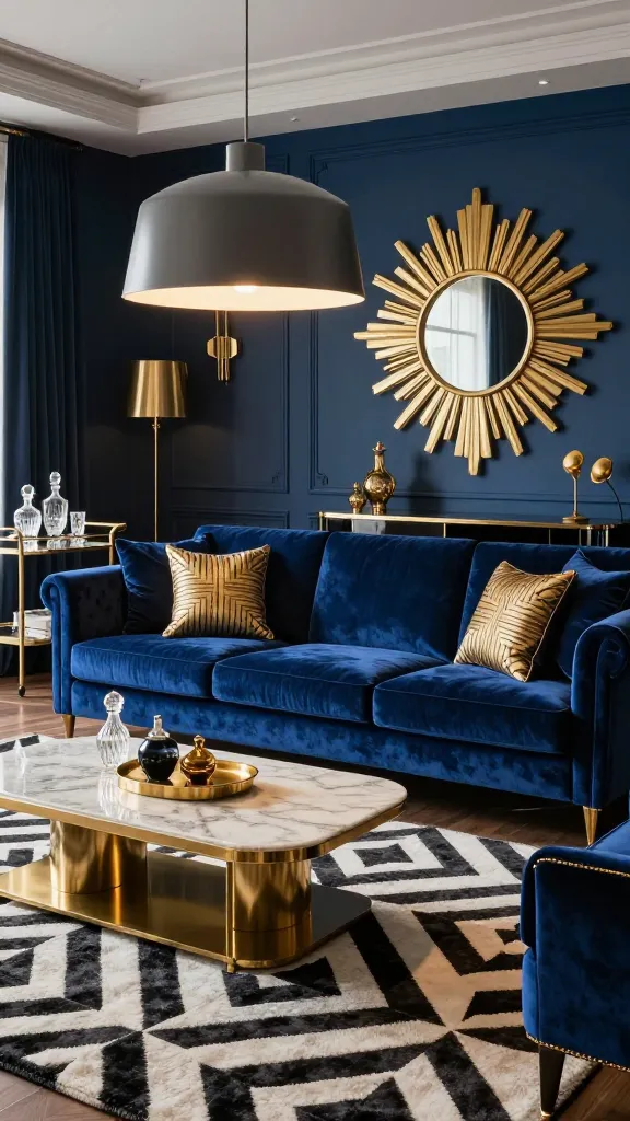 A luxurious Art Deco living room, bathed in soft, warm light, exuding old Hollywood glamour and sophisticated drama. The focal point is a plush, deep sapphire blue velvet IKEA LANDSKRONA three-seater sofa, adorned with throw pillows featuring intricate gold geometric patterns. Above a sleek, brass and marble coffee table, a large, dark grey IKEA HEKTAR pendant lamp hangs elegantly, casting a focused glow. The room showcases a striking area rug with a bold black and white geometric design, adding to the visual interest. Gold and brass accents are prominent throughout, including a large, sunburst-style mirror on the wall, elegant side tables, and decorative objects like a vintage-inspired bar cart with crystal decanters. The walls are painted in a rich, deep blue, complementing the metallic sheen and adding to the opulent atmosphere. The scene is captured in a realistic, high-quality photograph with no text.