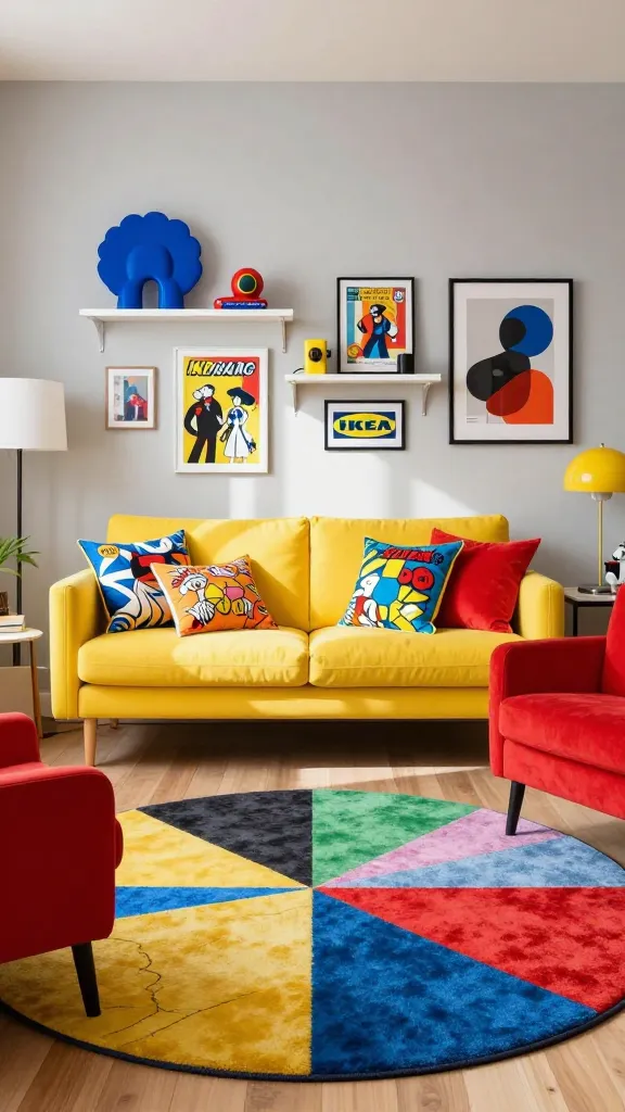 A high-quality, realistic photograph of a vibrant and energetic Ikea living room embodying a 'Playful Pop Art Punch' aesthetic. The room features a neutral light gray wall base and light wood flooring. A prominent bright yellow Ikea KLIPPAN sofa, adorned with throw pillows showcasing bold graphic prints and comic book art, anchors the space. A sleek, retro-inspired bold red accent armchair provides a striking contrast. White Ikea LACK shelves are mounted on a wall, displaying a curated collection of oversized, whimsical decor, including a bright blue pop art sculpture and a vintage-style object. Framed comic book art and abstract graphic prints in primary colors adorn the walls. A large, circular rug with a dynamic geometric pattern in primary hues defines the seating area. Sunlight streams in, enhancing the room's fun, quirky, and unapologetically colorful atmosphere. No text on images.