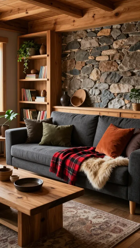 A high-resolution, professional interior photography shot of a warm and inviting rustic cabin-style living room. The focal point is a comfortable *Ikea EKTORP sofa* upholstered in a deep charcoal grey fabric, layered with a rich red and black plaid blanket and a soft, cream-colored faux fur throw. Deep olive green, burnt orange, and dark brown cushions are scattered across the sofa. In front of it, a chunky, solid wood coffee table displays a few rustic decor items. Along one wall, a natural pine *Ikea IVAR shelving system* is filled with books, potted plants, and various wooden and ceramic accents. A prominent feature wall behind the sofa has a realistic stone effect. The room is bathed in soft, warm ambient light, emphasizing natural wood textures and creating a cozy, rugged charm. No text on image.
