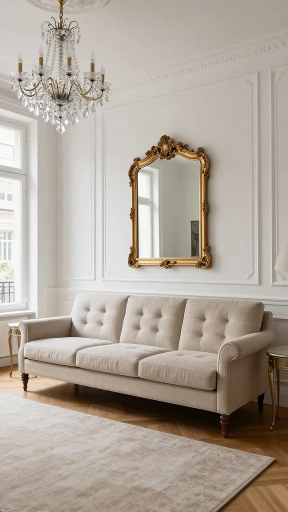A sophisticated Parisian apartment living room, centered around a classic, tufted three-seater sofa in a light beige linen fabric, embodying an upscale Ikea aesthetic. The sofa is positioned against a wall adorned with elegant white Haussmannian-style molding. Above the sofa hangs a large, ornate, delicate gold-framed mirror. A sparkling crystal chandelier, reminiscent of the Ikea KRISTALLER, illuminates the high-ceilinged space. Two small, ornate side tables with subtle gilded accents flank the sofa. Natural light streams through a tall window, highlighting the room's understated luxury and timeless appeal. The floor is polished hardwood, partially covered by a soft, neutral-toned area rug. Realistic, high-quality interior design photograph, natural lighting.