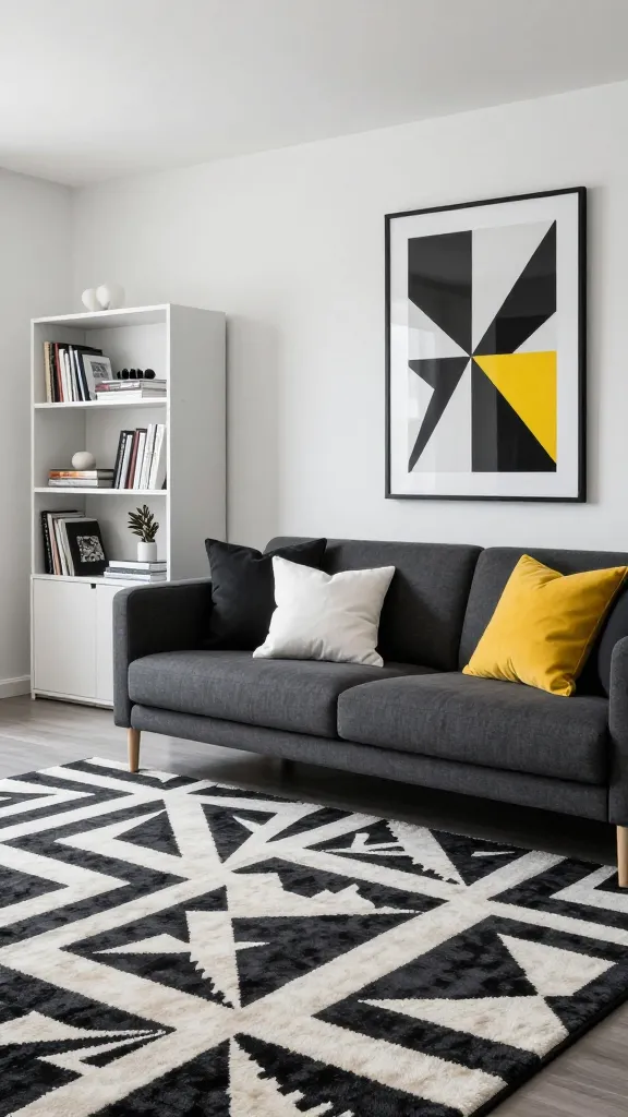 A high-resolution, professional photograph of a modern, stylish living room designed with a 'Bold Geometric Statement.' The room features a sleek, minimalist IKEA LANDSKRONA sofa in a deep charcoal grey, accented with throw cushions in crisp white, solid black, and vibrant mustard yellow, some incorporating subtle geometric patterns. A large, striking area rug with a dynamic black and white geometric design (e.g., interlocking triangles or bold chevrons) grounds the seating area. Adjacent to the sofa, a clean-lined IKEA KALLAX modular shelving unit, styled with a curated mix of books, minimalist decor, and a small sculptural plant, reinforces the room's sharp aesthetic. On the wall, a large piece of framed art showcases a powerful black and white geometric abstract, subtly incorporating a pop of the mustard yellow. The space is bathed in soft, natural light, highlighting the clean lines, sharp angles, and energetic patterns. The overall impression is dynamic, sophisticated, and visually impactful. No text on image.