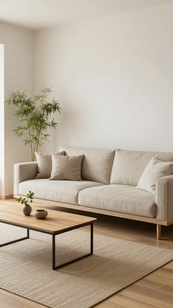 A serene Japandi fusion living room, bathed in soft, diffused natural light, showcasing a harmonious blend of Scandinavian clean lines and Japanese tranquil minimalism. The focal point is a low-profile Ikea SÖDERHAMN sofa, upholstered in a light beige linen fabric, adorned with a few complementary textured cushions. In front of it, an Ikea FJÄLLBO coffee table with its dark metal frame and light wood top holds a single, minimalist piece of handcrafted pottery and a small, elegant green plant. The room features light wood flooring and walls painted in a warm, off-white tone, creating an airy and peaceful ambiance. A tall, slender bamboo plant stands in a corner, adding a touch of natural greenery. Textures of natural linen, woven jute (rug), and subtle wood grains are prominent. The overall design is highly functional, balanced, and incredibly peaceful, captured in a high-resolution, realistic photograph with a wide-angle perspective and natural color grading. No text.