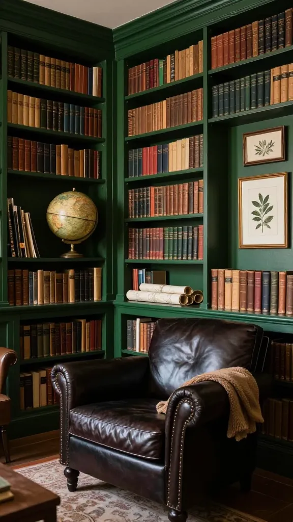 A high-resolution, realistic photograph capturing a luxurious and cozy dark academia library lounge, bathed in soft, inviting natural light. The walls are painted a deep, rich forest green, creating a sophisticated and enveloping atmosphere. Dominating the scene are several seamlessly integrated BILLY bookcases, meticulously filled to the brim with an extensive collection of classic literature, showcasing a variety of aged spines and textures. In the foreground, a comfortable POÄNG armchair, upholstered in a dark, rich leather-effect fabric, is positioned invitingly, perhaps with a soft, warm throw draped over one arm. On adjacent shelves, a polished antique-style globe and rolled maps add to the scholarly aesthetic. Framed botanical prints subtly adorn a section of the wall, complementing the dark palette. The overall impression is one of an intellectual retreat, perfect for quiet contemplation. No text.