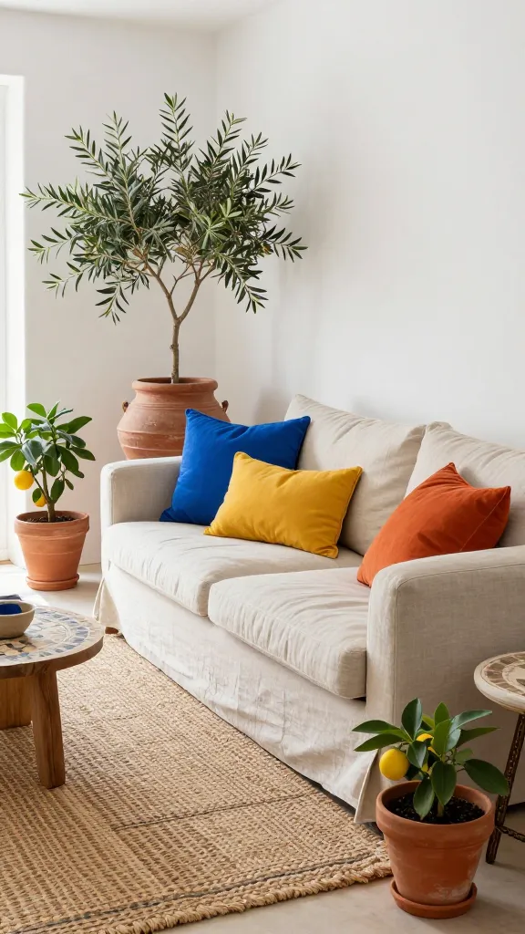 A bright, sun-drenched Mediterranean-inspired living room radiating warmth and relaxed charm. White plaster walls reflect ample natural light, creating an airy feel. Dominating the center is a plush, light beige linen Ikea GRÖNLID sofa, generously adorned with a vibrant collection of throw cushions in deep cerulean blue, sunny marigold yellow, and burnt orange. Beside the sofa, a tall, aged terracotta pot houses a thriving olive tree, its silvery-green leaves contrasting with the earthy pot. On the floor, a textured, natural woven jute rug in a subtle geometric pattern grounds the space. Scattered around are smaller terracotta planters with fragrant citrus plants. A small, round side table features a subtle mosaic pattern on its top. The overall ambiance is inviting and evokes a permanent holiday escape, captured in a high-quality, realistic photograph with sharp detail and natural colors.