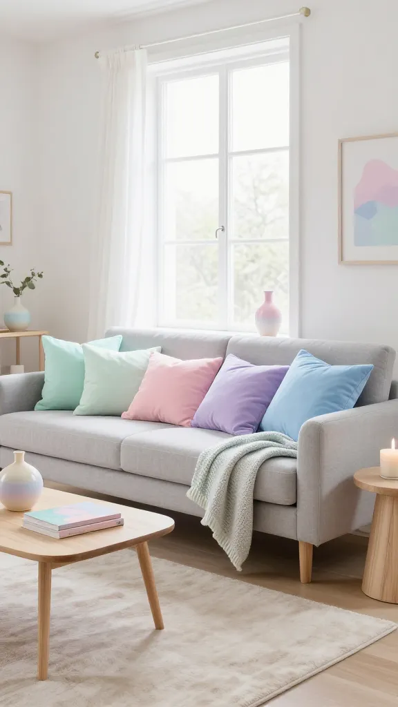 A beautifully styled, high-quality professional interior photograph of a whimsical and serene living room designed in a 'Pastel Dreamland' aesthetic. The focal point is a light gray IKEA FRIHETEN sleeper sofa, adorned with an inviting array of soft pastel throw pillows in varying textures – delicate mint green, baby pink, lavender, and sky blue. A light, airy knitted throw in a complementary pastel shade is draped casually over one arm. Light-toned natural wood furniture, including a minimalist coffee table and a small side table, complements the soft color scheme. The room is bathed in abundant natural light streaming through a large window, creating a bright and ethereal atmosphere. Decorative objects such as ceramic vases with subtle pastel glazes, a few art books with pastel covers, and a delicate candle are artfully arranged on the coffee table and side table. The walls are a crisp white, and a plush, light-colored area rug anchors the seating area. The overall impression is one of playful innocence, calm, and chic comfort, like living in a stylish cloud of cotton candy. No text on image.