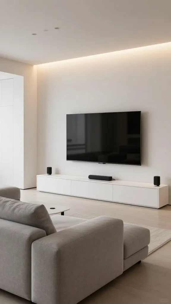 A high-quality, professional interior photograph of a modern, minimalist living room designed as a smart and tech-integrated hub. The central feature is a sleek, low-profile Ikea BESTÅ TV storage combination in a clean white finish, spanning a wall beneath a wall-mounted, large flat-screen TV, with all cables and devices meticulously hidden. To the left, a comfortable, light grey Ikea VIMLE modular sofa is arranged in an inviting L-shape, featuring deep cushions and a contemporary design, suggesting adaptability for various activities. Subtle, integrated charging stations are discreetly visible on a minimalist side table next to the sofa. The room is bathed in warm, customizable ambient lighting, hinting at Ikea TRÅDFRI smart lighting, emanating from hidden cove lights and recessed fixtures, creating a sophisticated and inviting atmosphere. Hidden speakers are subtly integrated into the walls or the BESTÅ unit, contributing to the seamless aesthetic. The overall design emphasizes functionality, efficiency, and a connected lifestyle, with clean lines, uncluttered surfaces, and a forward-thinking yet comfortable ambiance.