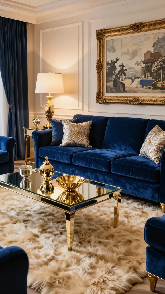 A high-quality, professional photograph of a luxurious Hollywood Regency living room. The focal point is a dramatic, plush royal blue velvet sofa, elegantly styled with decorative pillows. In front of the sofa sits a sleek, mirrored coffee table, reflecting the opulent surroundings. Gold metallic accents are abundant, featured on a pair of stylish table lamps with white shades, decorative objects on the coffee table, and large, ornate picture frames adorning the walls. A luxurious, soft ivory faux fur rug covers the floor, adding to the plush texture and warmth. The room is bathed in soft, ambient lighting, highlighting the rich textures and reflective surfaces. The overall atmosphere is one of undeniable luxury, drama, and old Hollywood glamour. No text on image.