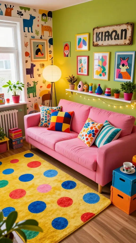 A high-angle, wide shot of a whimsical and vibrant living room, bursting with playful energy and unexpected delights. Dominating the space is a bright bubblegum pink KLIPPAN two-seater sofa, adorned with an eclectic mix of mismatched cushions in bold geometric patterns, stripes, and floral prints, creating a joyous clash of textiles. Underneath, a large, irregularly shaped polka-dot rug in contrasting primary colors like yellow, blue, and red anchors the seating area. The walls are a cheerful lime green, partially covered with a quirky wallpaper featuring oversized, hand-drawn animal motifs. On one wall, a gallery of playful, colorful art prints in varied, brightly colored frames hangs alongside a large, repurposed vintage sign with whimsical typography. An oversized, abstract sculptural floor lamp with a unique shape stands beside the sofa, casting a warm, inviting glow. Delicate fairy lights are artfully draped across a floating shelf displaying an array of unique, brightly colored decorative objects and small potted plants. A stack of painted wooden crates in different hues serves as a unique side table, holding a teacup with a whimsical design. Sunlight streams in from a large window, illuminating the joyful chaos. The overall aesthetic is quirky, imaginative, and full of unexpected delights, with a clear focus on bold, clashing color combinations and unique styling, characteristic of a creatively curated Ikea-inspired space. Realistic, high-quality photo, no text.