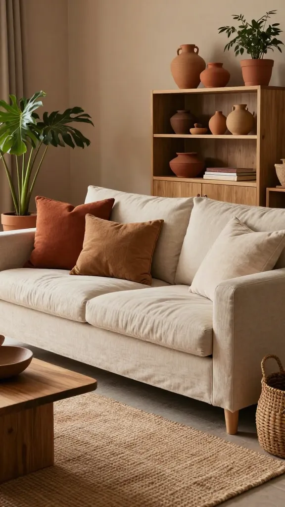 A high-quality, realistic photograph of a grounding and inviting living room, bathed in soft, warm natural light. The focal point is a comfortable GRÖNLID sofa upholstered in a natural, light linen fabric, adorned with throw pillows in rust, sienna, and muted cream. In front of the sofa, a large, textured jute rug defines the seating area. To one side, an IVAR storage system, crafted from light natural wood, is tastefully styled with a collection of ceramic pottery in varying shades of terracotta and sienna, a few art books, and a vibrant green potted plant. Throughout the room, the color palette is inspired by natural clays and sun-baked earth, featuring dominant terracotta, rust, and sienna tones, beautifully complemented by accents of muted greens from lush plants in ceramic pots and woven baskets. Wooden accents, including a simple coffee table and a decorative bowl, add warmth. The overall atmosphere is warm, comforting, and deeply connected to nature without being overtly rustic. No text.