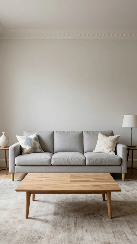 A high-quality, realistic photograph capturing a sophisticated classic contemporary living room. The focal point is a well-proportioned Ikea LANDSKRONA three-seater sofa in a light neutral gray, featuring clean lines. In front of the sofa, a simple, rectangular light wooden coffee table grounds the space. Elegant, slender side tables flank the sofa, each holding a minimalist ceramic vase or a small, modern table lamp. The sofa is adorned with cushions displaying subtle geometric patterns in muted tones like cream and soft blue. A large area rug with a subtle textured pattern in a complementary neutral shade grounds the seating area. The room is bathed in soft, inviting natural light, highlighting a balanced mix of textures from the smooth sofa fabric, natural wood grain, and soft rug pile. The overall ambiance is refined, balanced, and timeless, conveying an effortless elegance. Shot with a wide-angle lens to capture the spaciousness and architectural details.